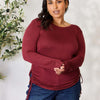 Drawstring Round Neck Long Sleeve Top - WINE