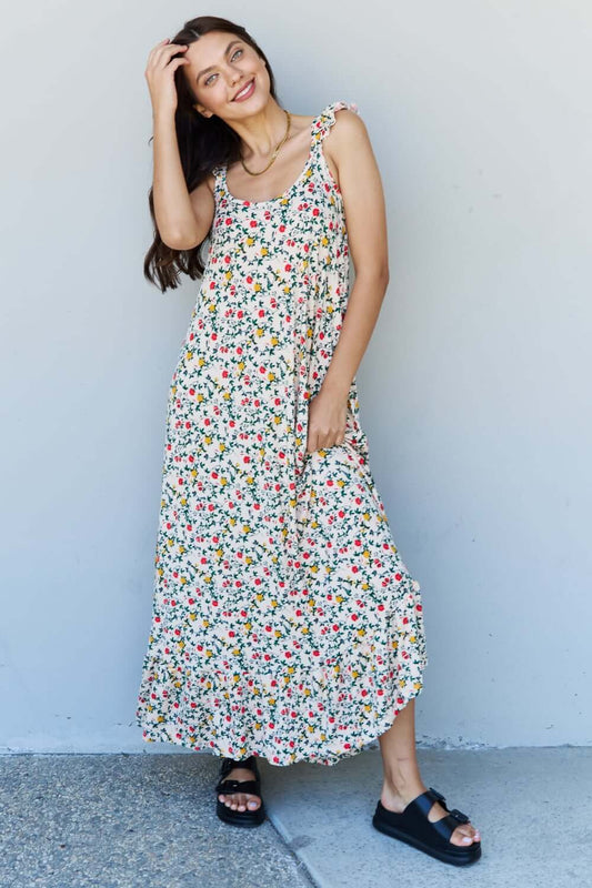 DOUBLJU In The Garden Ruffle Floral Maxi Dress in Natural Rose at Bella Road