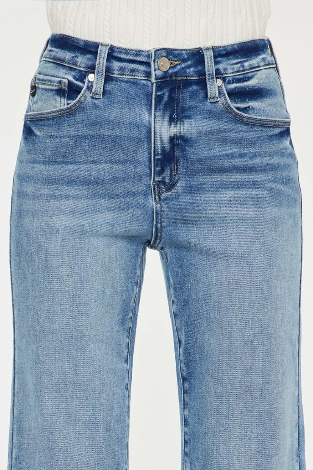 Kancan high-rise wide leg jeans in medium wash with classic 5-pocket design and zipper fly for chic style and comfort.