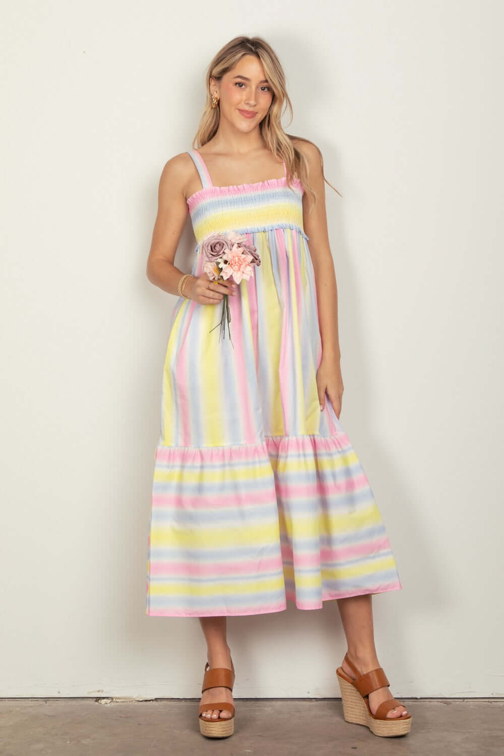 VERY J Striped Woven Smocked Midi Cami Dress at Bella Road