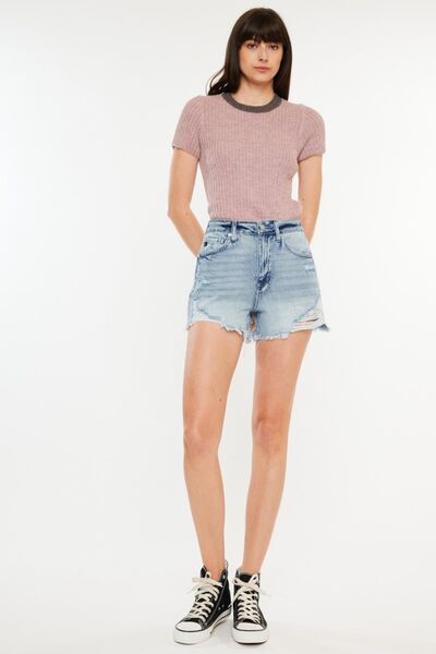 Kancan distressed high waist denim shorts with pockets, styled with a ribbed top and sneakers.