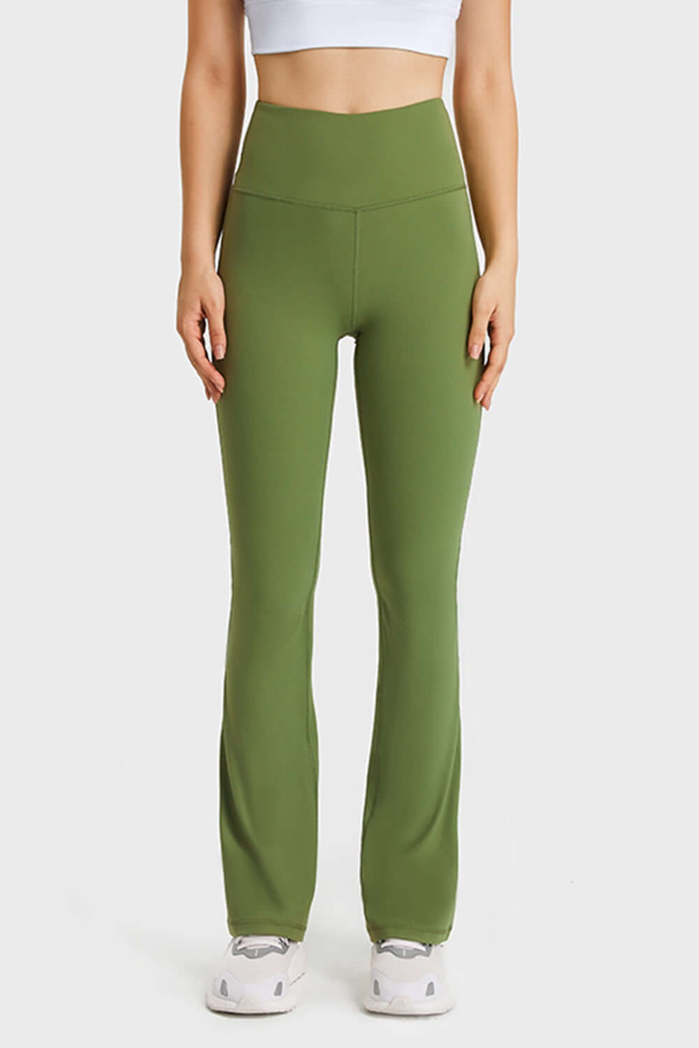 Millennia Elastic Waist Flare Yoga Pants in green, perfect for yoga and workouts with ultimate comfort and style.