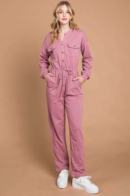 CULTURE CODE Full Size Button Up Drawstring Waist Straight Jumpsuit at Bella Road