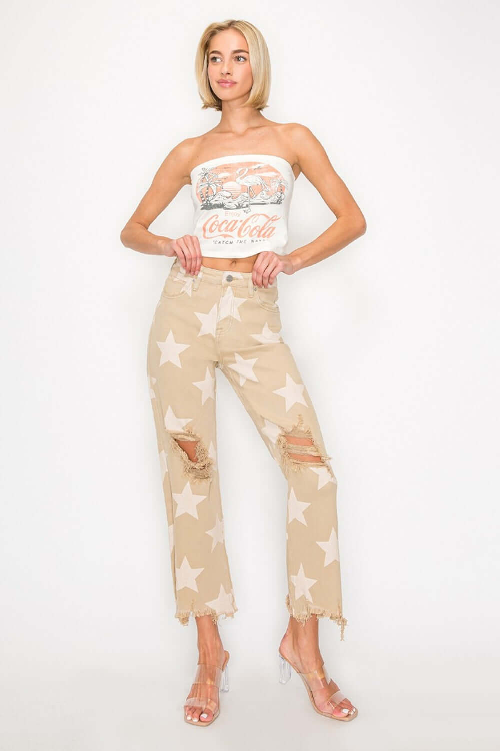 High Rise Star Printed Frayed Hem Jeans with Trendy Star Pattern in a Stylish Outfit