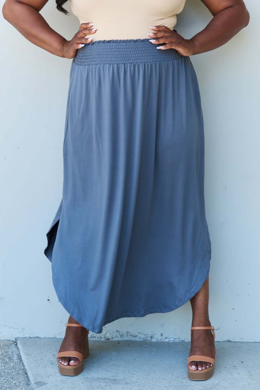 DOUBLJU Comfort Princess Full Size High Waist Scoop Hem Maxi Skirt in Dusty Blue at Bella Road