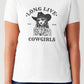 Woman wearing Simply Love LONG LIVE COWGIRLS short sleeve T-shirt with bold graphic and western style.