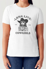 Woman wearing Simply Love LONG LIVE COWGIRLS short sleeve T-shirt with bold graphic and western style.