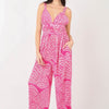 Printed Pleated Sleeveless Wide Leg Jumpsuit - HOT PINK