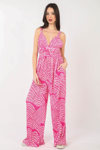 VERY J Printed Pleated Sleeveless Wide Leg Jumpsuit at Bella Road