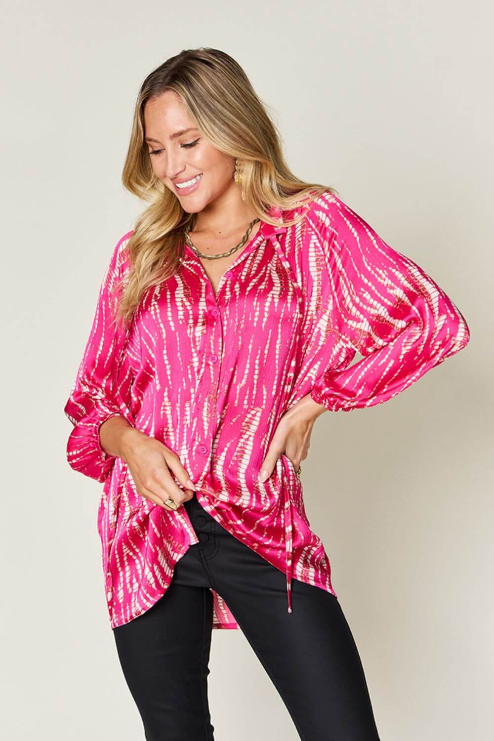 DOUBLE TAKE Full Size Printed Button Up Long Sleeve Shirt at Bella Road