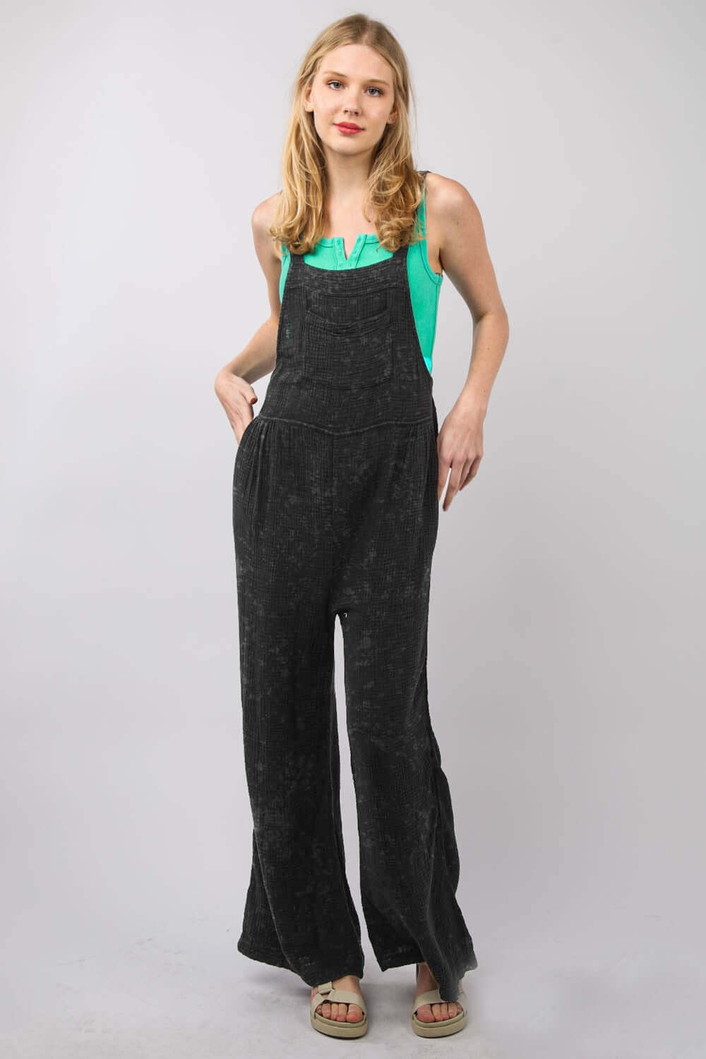 VERY J Texture Washed Wide Leg Overalls at Bella Road