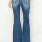 High Rise Front Seam Detailed Flare Jeans in Blue by Risen Jeans, back view featuring a flattering high rise waist and flared legs.