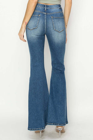 High Rise Front Seam Detailed Flare Jeans in Blue by Risen Jeans, back view featuring a flattering high rise waist and flared legs.