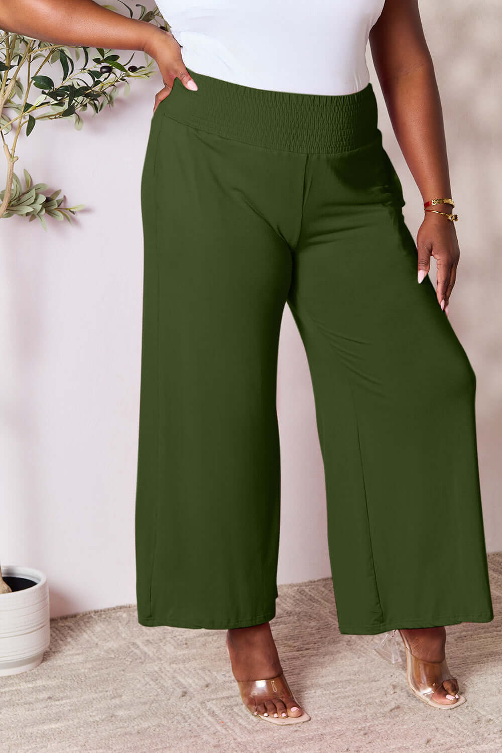 DOUBLE TAKE Full Size Smocked Wide Waistband Wide Leg Pants at Bella Road