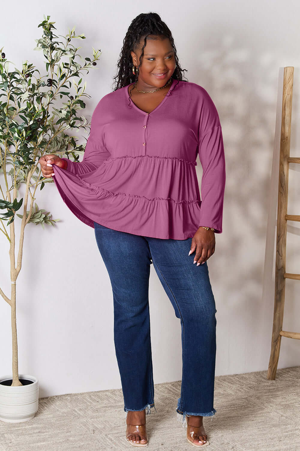 DOUBLE TAKE Half Button Long Sleeve Ruffle Hem Blouse at Bella Road