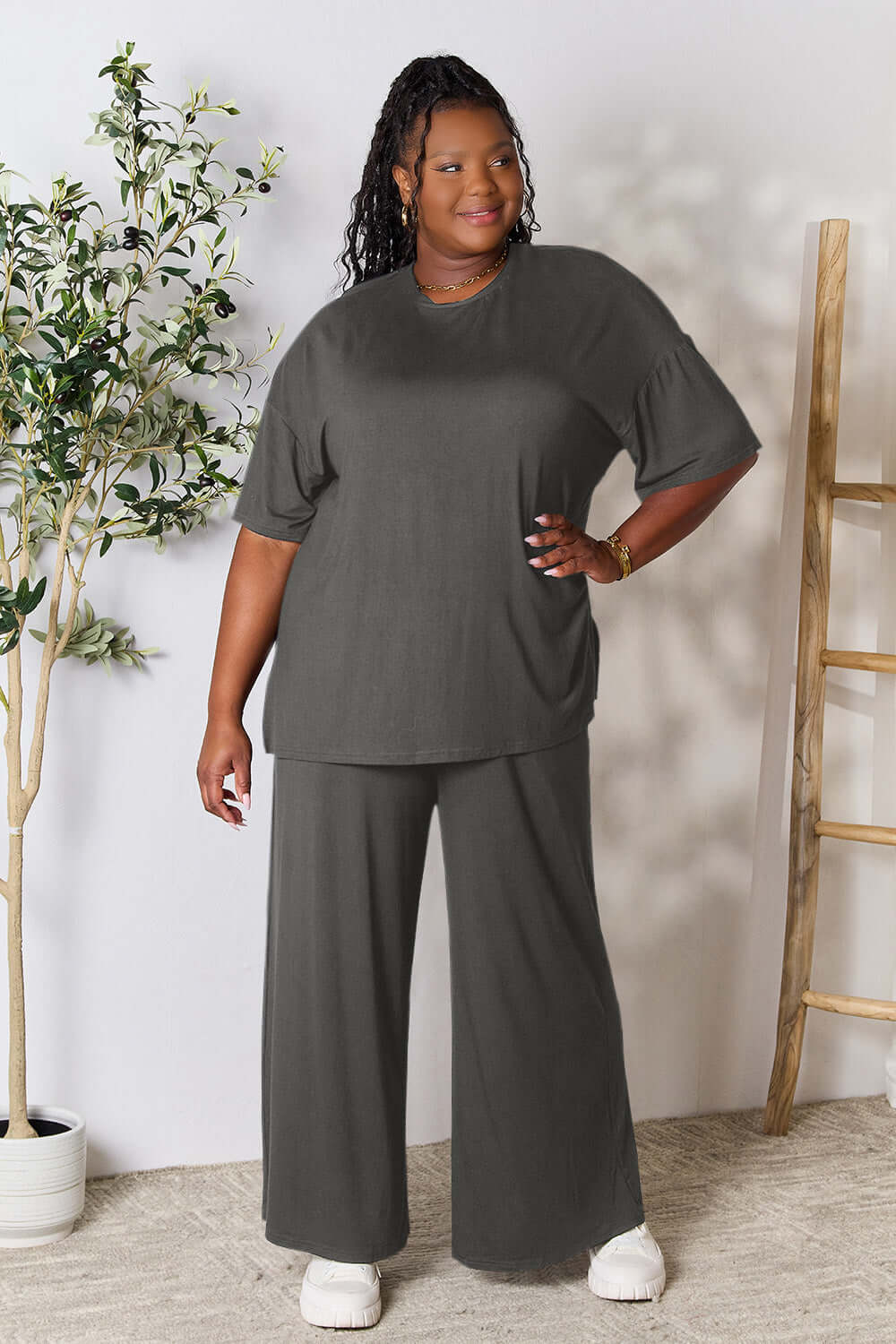 DOUBLE TAKE Full Size Round Neck Slit Top and Pants Set at Bella Road