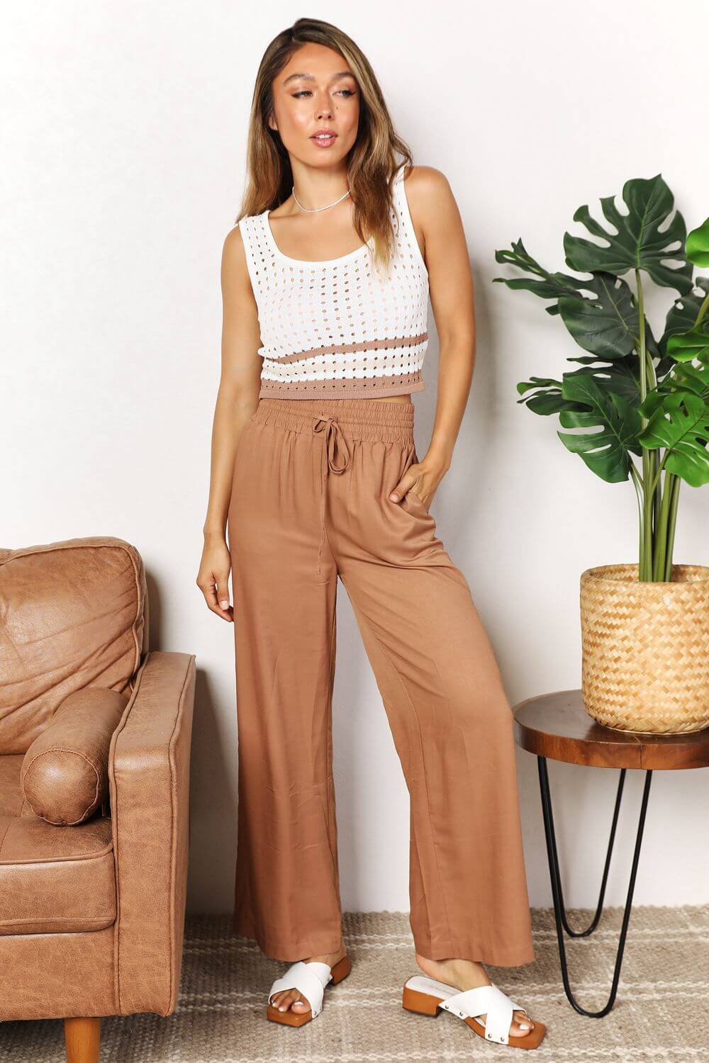 DOUBLE TAKE Drawstring Smocked Waist Wide Leg Pants at Bella Road