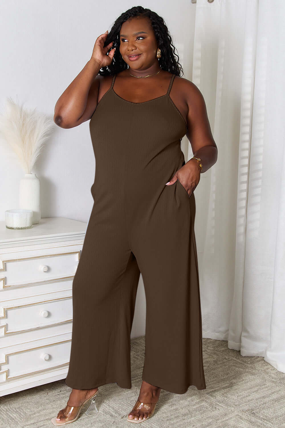 BASIC BAE Full Size Spaghetti Strap V-Neck Jumpsuit at Bella Road