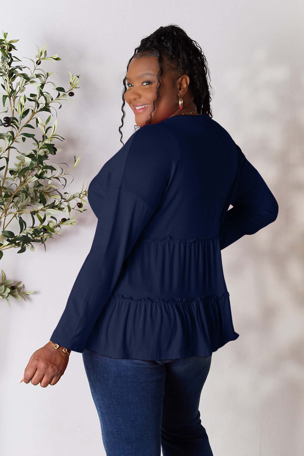 DOUBLE TAKE Half Button Long Sleeve Ruffle Hem Blouse at Bella Road