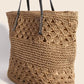 Fame Faux Leather Handle Knitted Tote Bag showcasing elegant yarn texture with sleek faux leather straps.