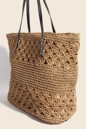 Fame Faux Leather Handle Knitted Tote Bag showcasing elegant yarn texture with sleek faux leather straps.