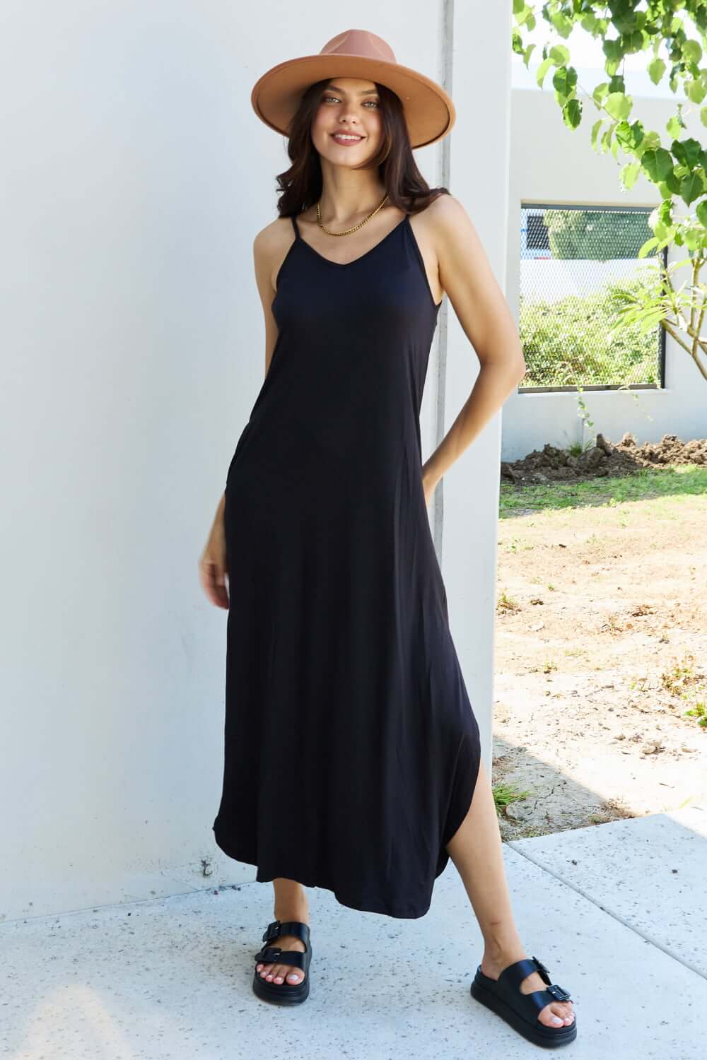 NINEXIS Good Energy Full Size Cami Side Slit Maxi Dress in Black at Bella Road