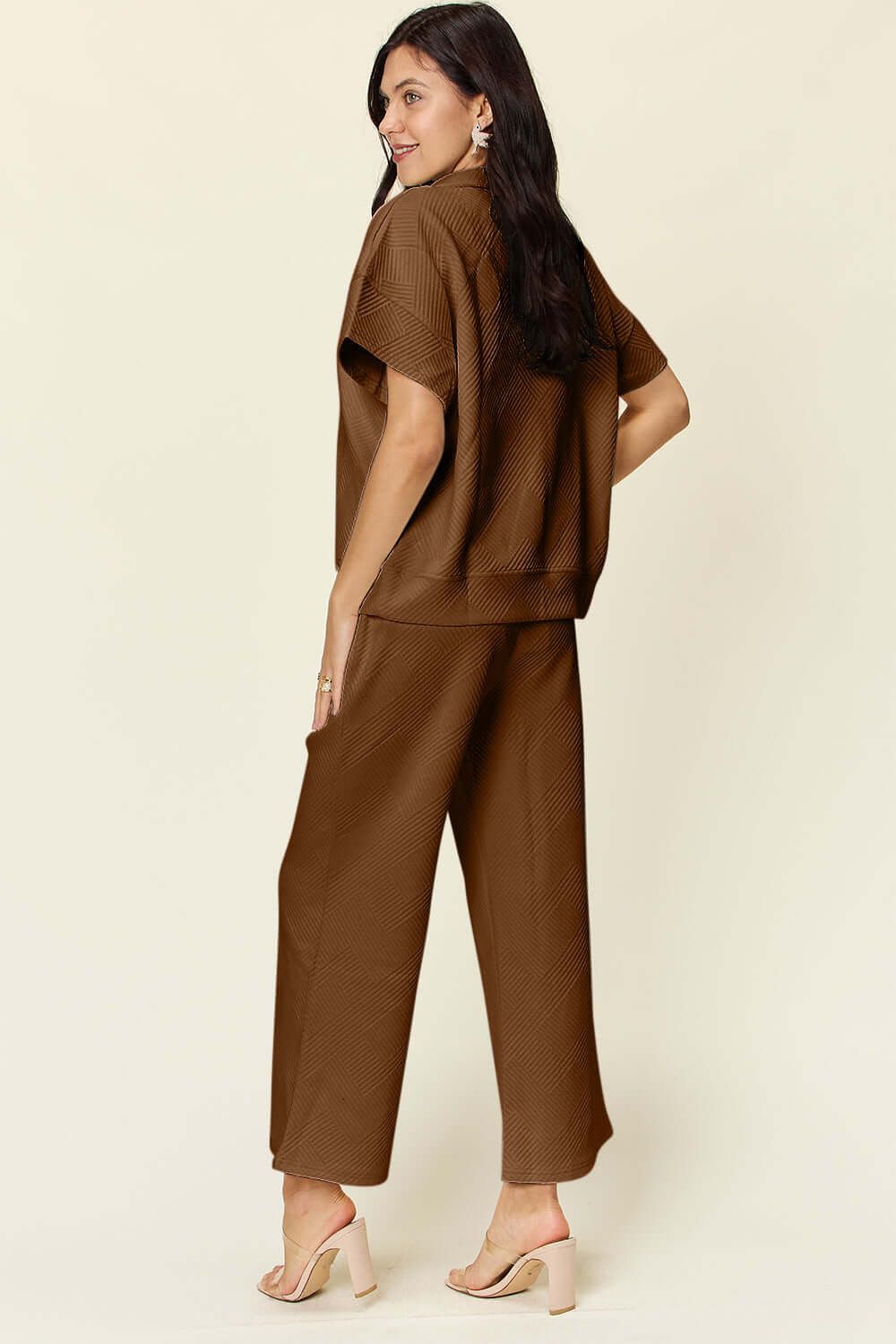 DOUBLE TAKE Full Size Texture Half Zip Short Sleeve Top and Pants Set at Bella Road