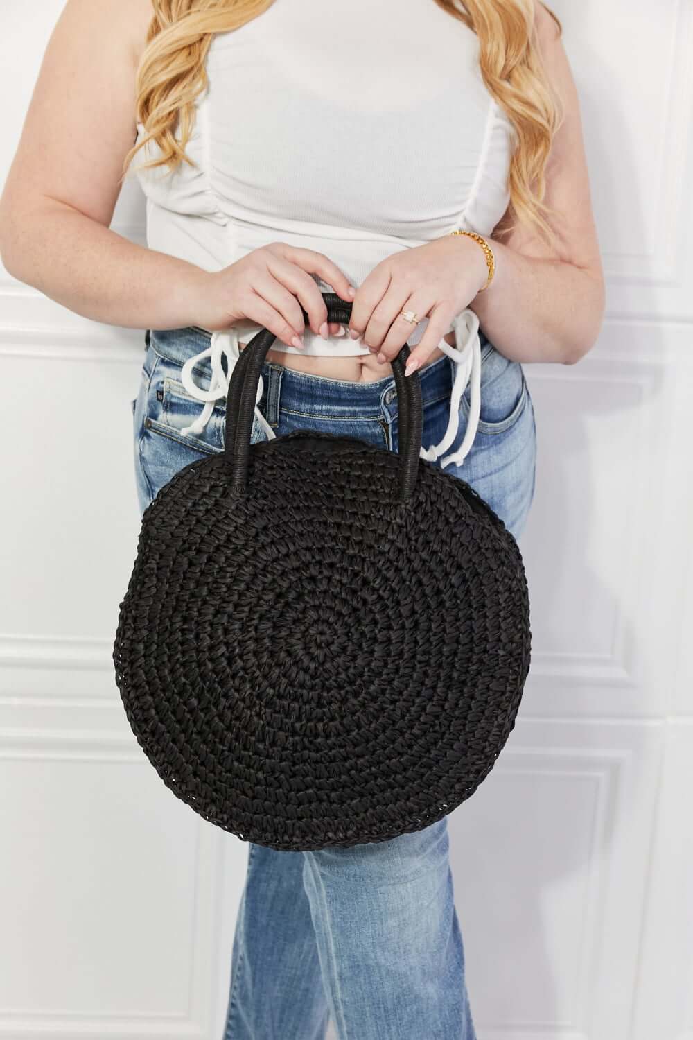 JUSTIN TAYLOR Beach Date Straw Rattan Handbag in Black at Bella Road