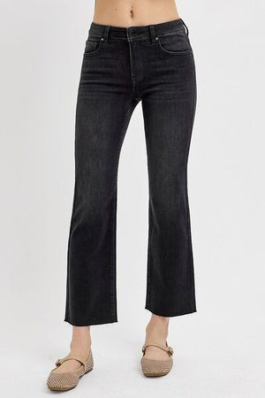 RISEN Tummy Control Mid Rise Crop Straight Jeans in black, offering a flattering fit and stylish cropped silhouette.