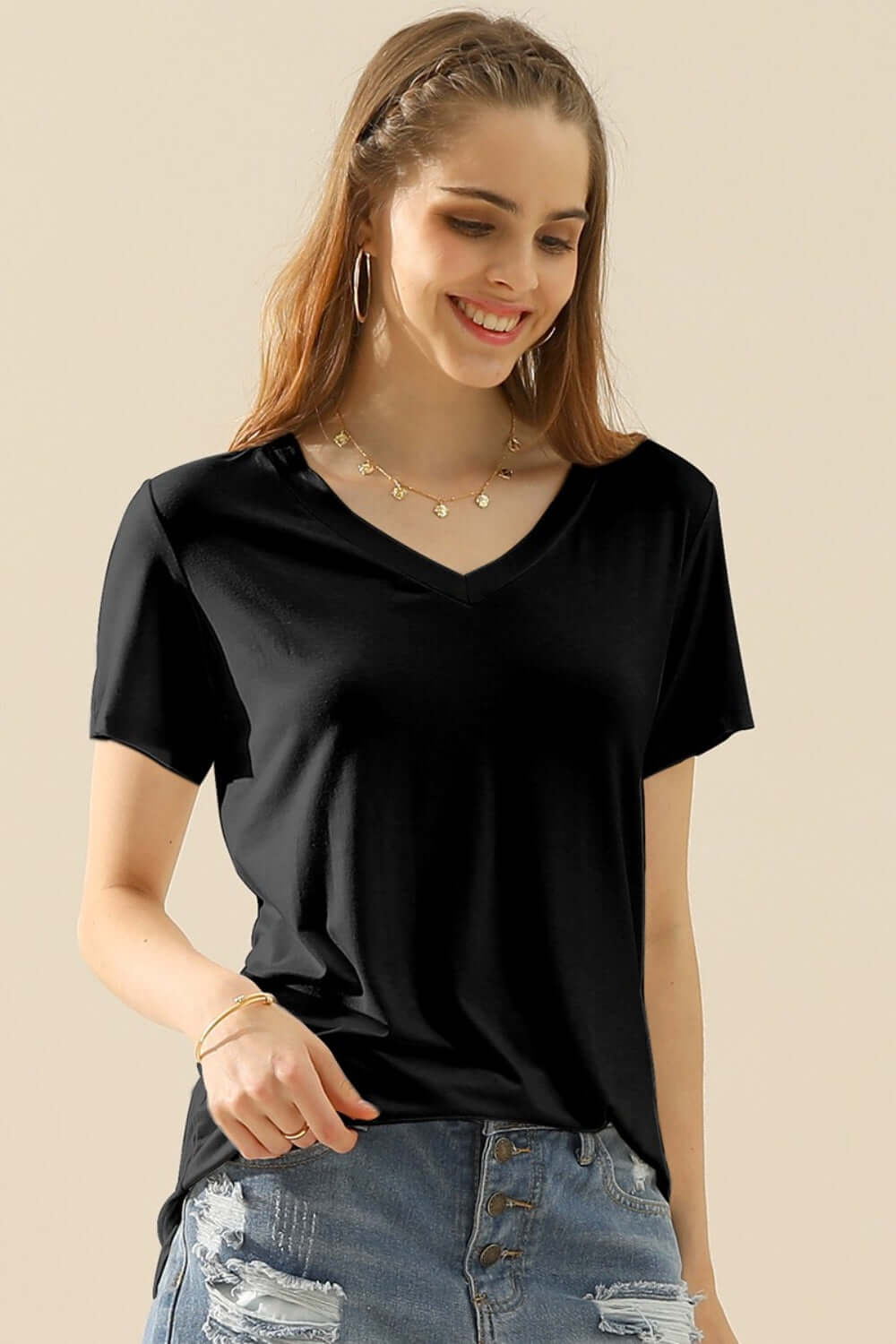 NINEXIS Full Size V-Neck Short Sleeve T-Shirt at Bella Road