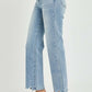 Full size high-rise straight jeans with frayed hem, worn with beige heeled sandals. Versatile and flattering classic denim look.