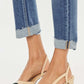 High Rise Cuffed Straight Jeans with beige and black block heels close-up