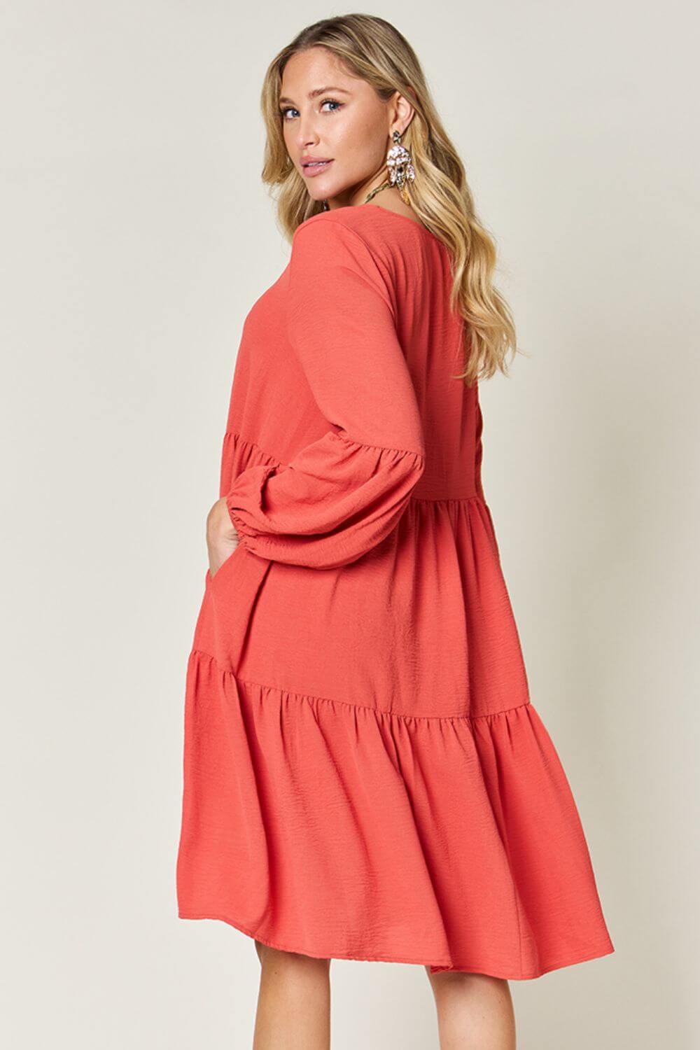 DOUBLE TAKE Full Size V-Neck Balloon Sleeve Tiered Dress at Bella Road