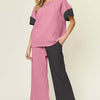 Texture Contrast T-Shirt and Wide Leg Pants Set | Full Size - Carnation Pink