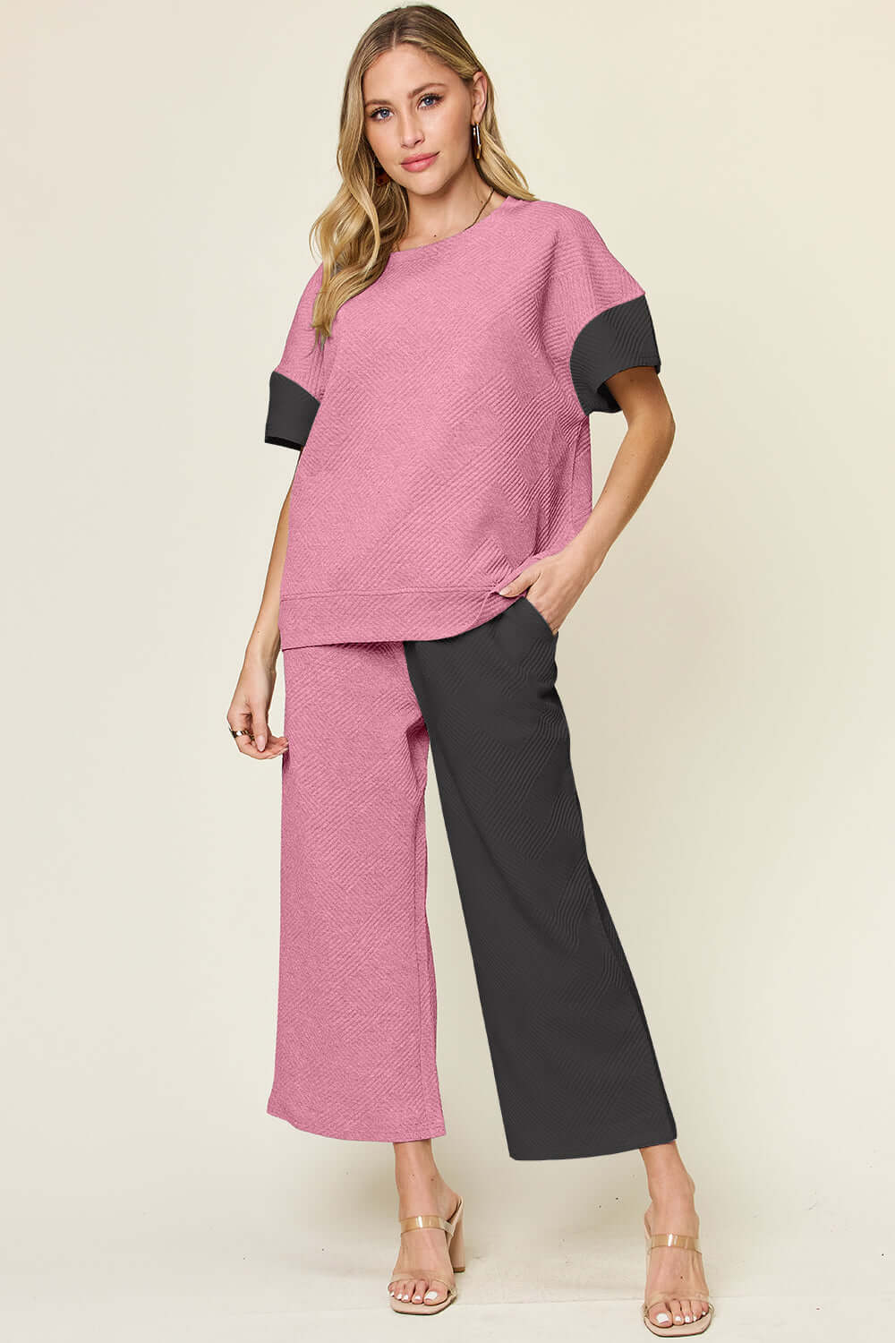 DOUBLE TAKE Full Size Texture Contrast T-Shirt and Wide Leg Pants Set at Bella Road