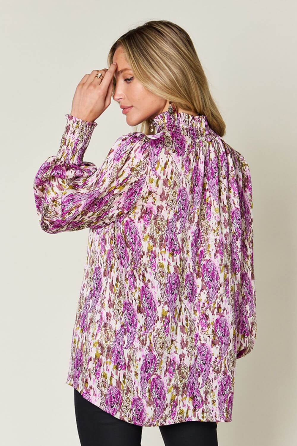 DOUBLE TAKE Full Size Printed Smocked Long Sleeve Blouse at Bella Road