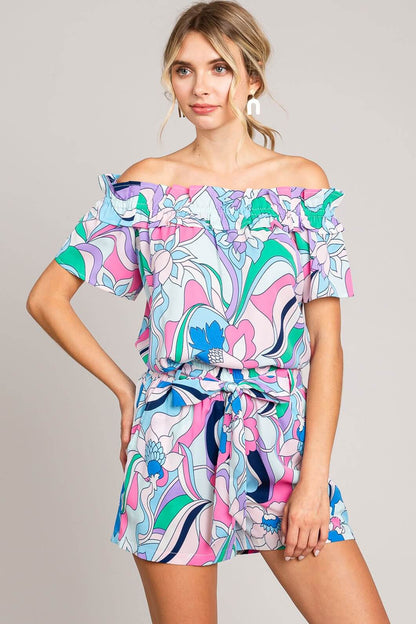 COTTON BLEU Abstracted Print Tie Front Shorts at Bella Road