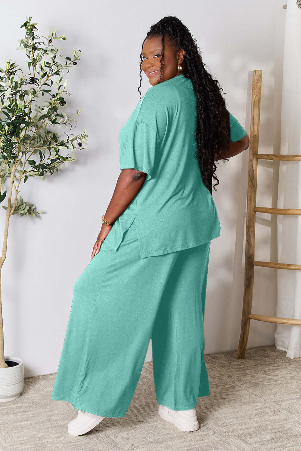 DOUBLE TAKE Full Size Round Neck Slit Top and Pants Set at Bella Road