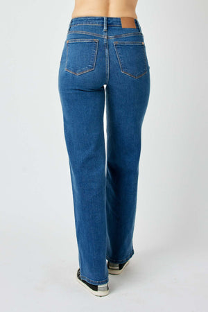 Back view of Judy Blue high rise straight jeans showcasing a flattering fit and streamlined silhouette.