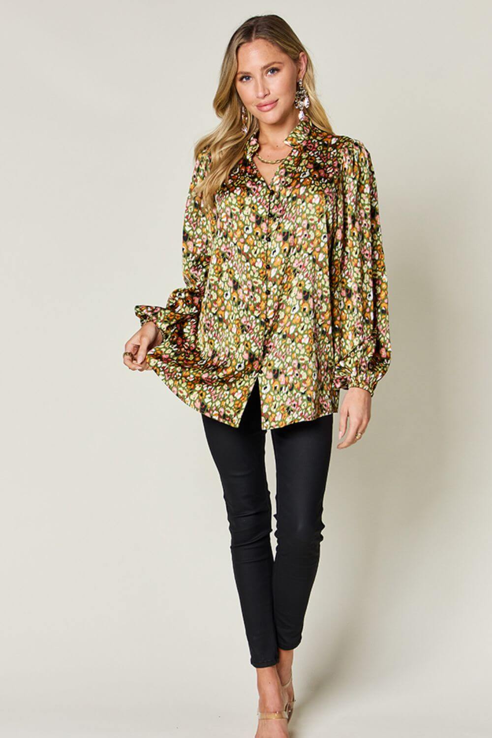 DOUBLE TAKE Full Size Printed Long Sleeve Blouse at Bella Road