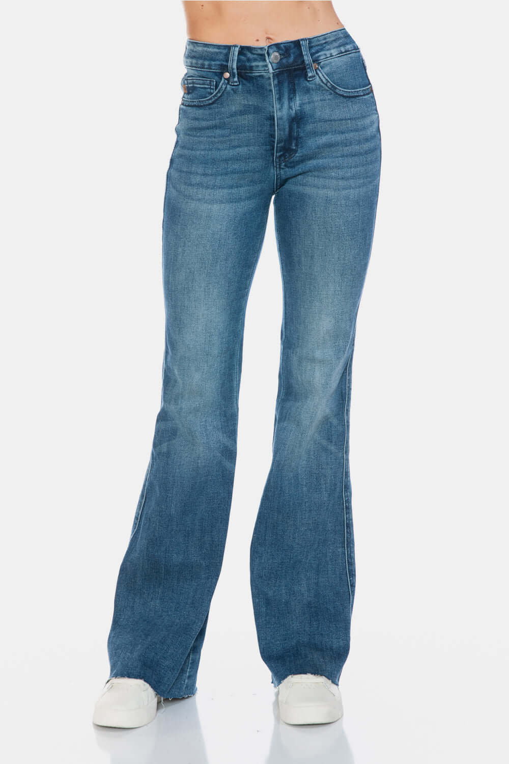 Judy Blue Full Size Tummy Control Cut Hem Flare Jeans with vintage wash showcasing modern style and flattering fit.