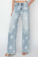 Full Size Raw Hem Star Wide Leg Risen Jeans - Fashionable and Eye-Catching Denim with Whimsical Star Embellishments.