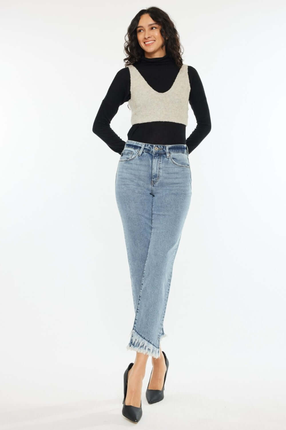 Model wearing Raw Hem High Rise Straight Jeans for petite women, showcasing a chic and casual outfit with modern edge detailing.