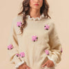 BiBi Ruffled Crochet Flower Dropped Shoulder Sweater - Cream