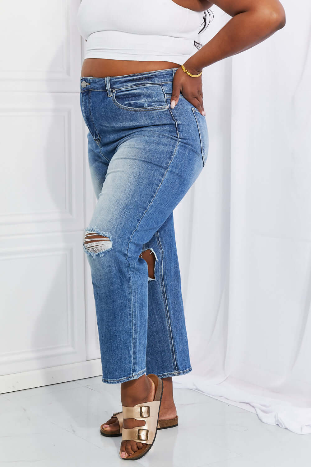 Risen Jeans Emily High Rise Relaxed Jeans with ripped knee detail, ultra-high waist, and cropped length for a casual look