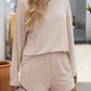 Beige Double Take Round Neck Long Sleeve Top and Shorts Set for casual outings or lounging