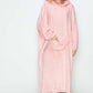 Cozy Double Take pocketed hooded midi lounge dress in Dusty Pink, perfect for fall lounging and chilly days.