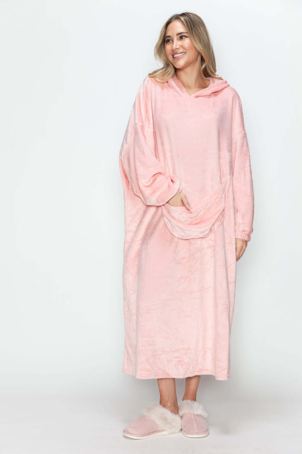 Cozy Double Take pocketed hooded midi lounge dress in Dusty Pink, perfect for fall lounging and chilly days.