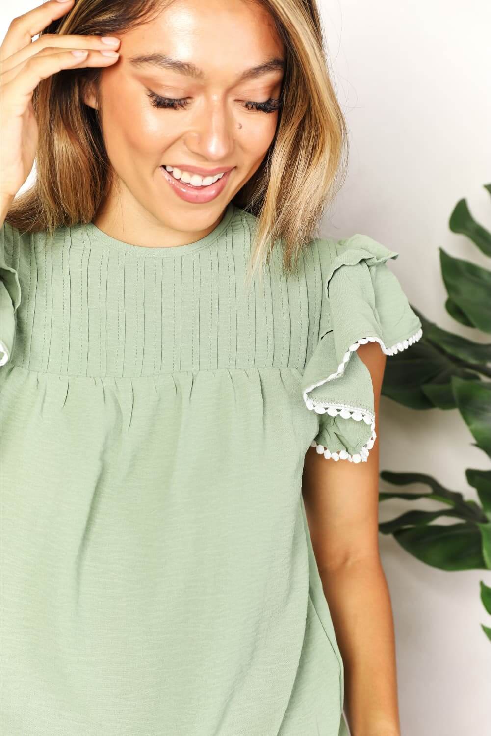 DOUBLE TAKE Pleated Detail Flutter Sleeve Blouse at Bella Road