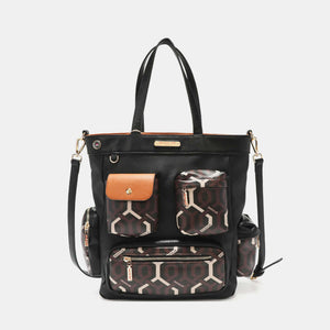 Nicole Lee USA geometric pattern tote bag with edgy accents and neutral colors, featuring five exterior compartments and dual straps.